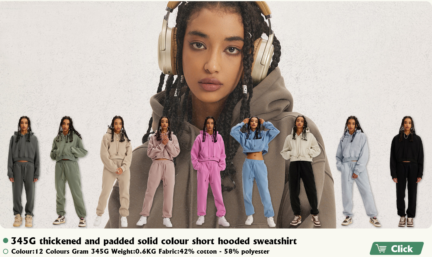 345G thickened and padded solid colour short hooded sweatshirt