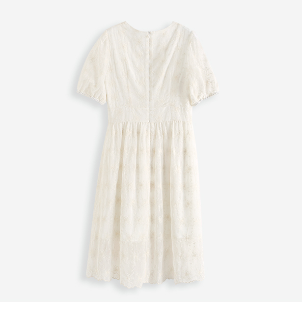 Lace Embroidered Puff Sleeves White Dress (2)