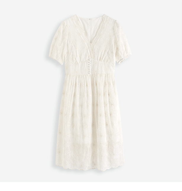 Lace Embroidered Puff Sleeves White Dress (4)