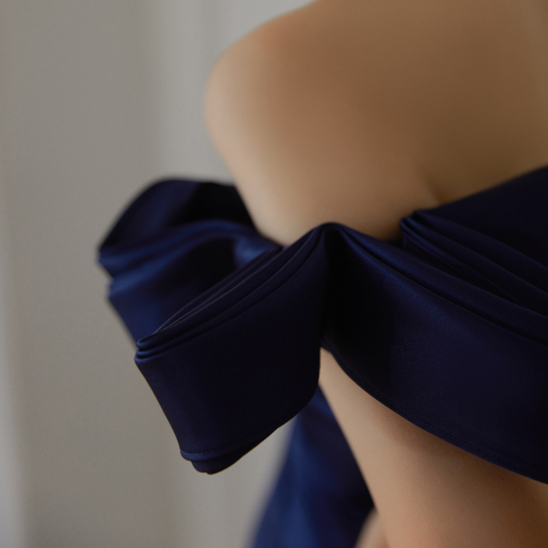 Navy Blue One Shoulder Satin Matte Elegant Long Gown (4)