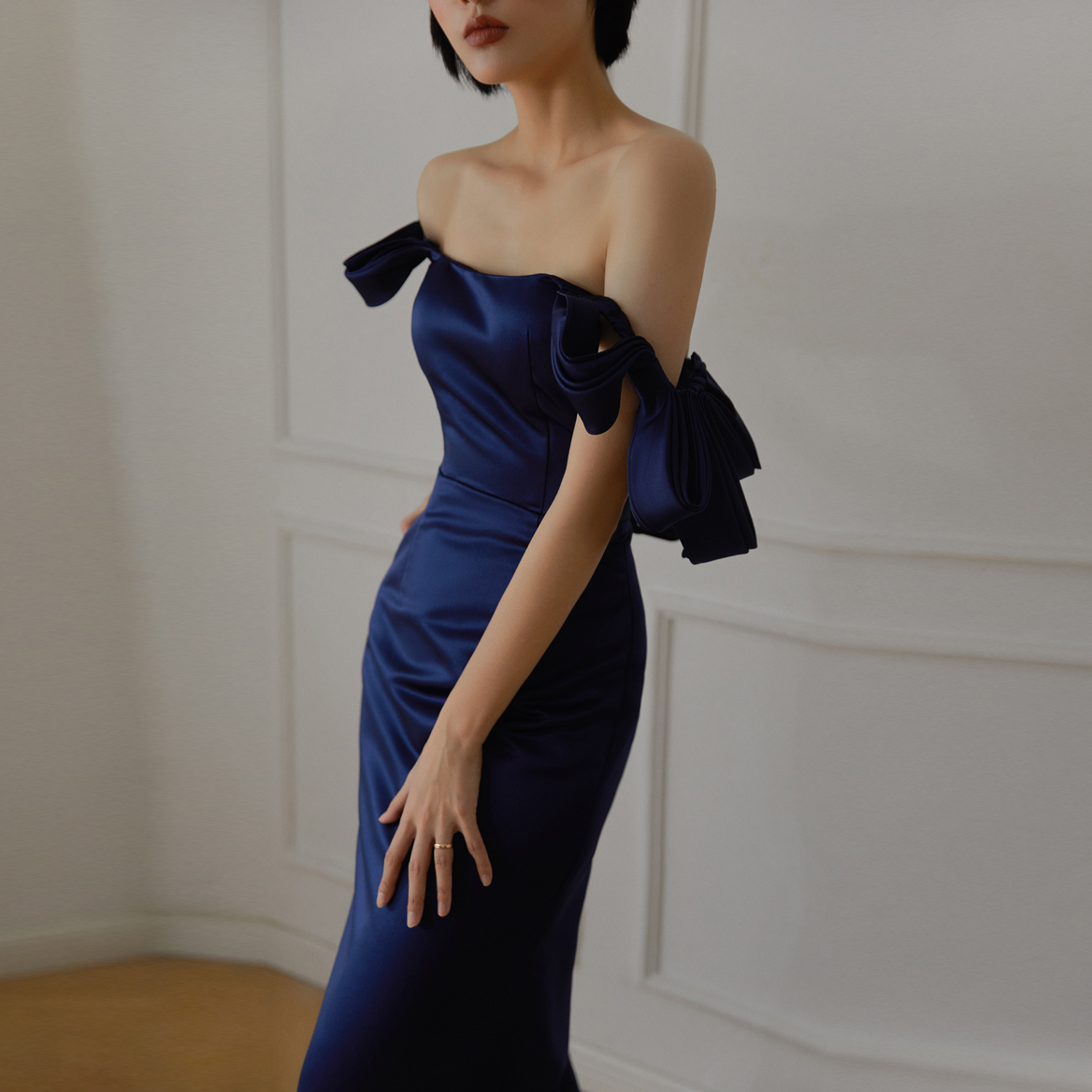 Navy Blue One Shoulder Satin Matte Elegant Long Gown (5)