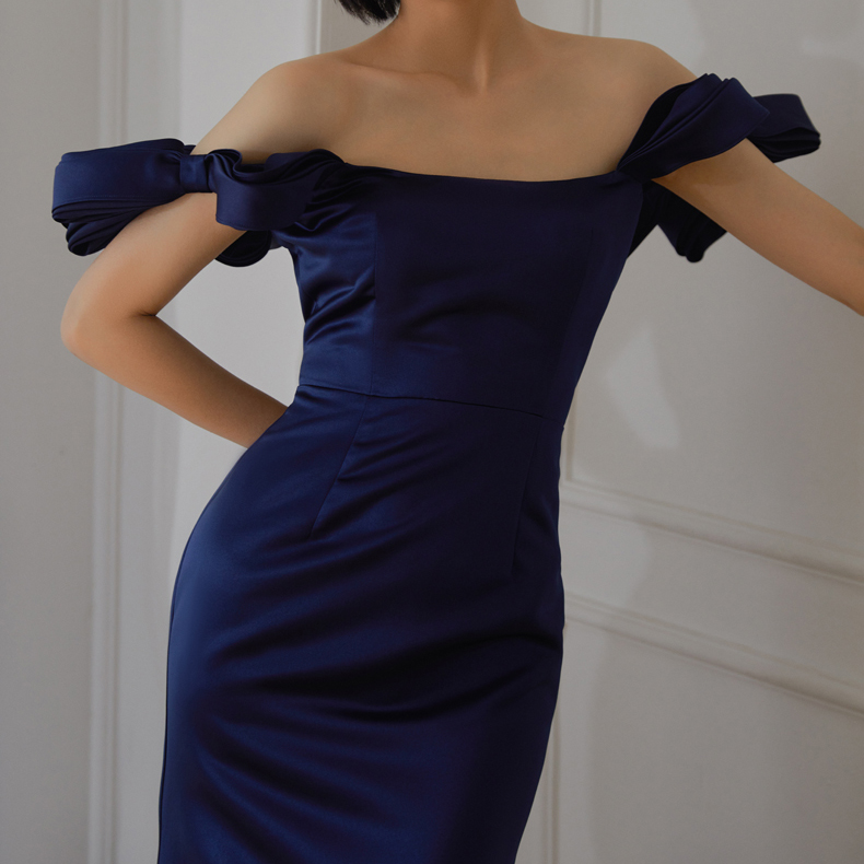Navy Blue One Shoulder Satin Matte Elegant Long Gown (6)