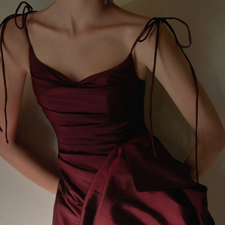 Rose Silk Halter Pleated Elegant Party Evening Dress (1)