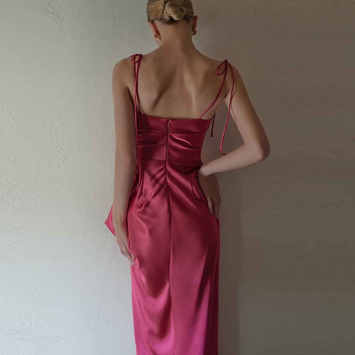 Rose Silk Halter Pleated Elegant Party Evening Dress (10)