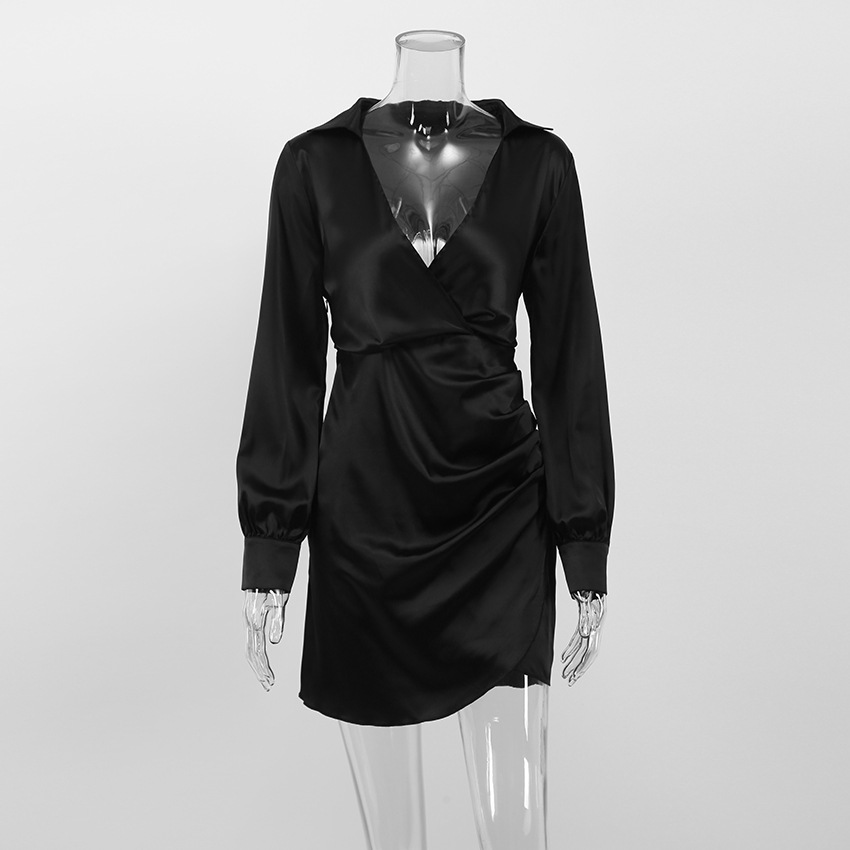 Satin Deep V-Neck Elegant Shirt Pleated Dress (7)