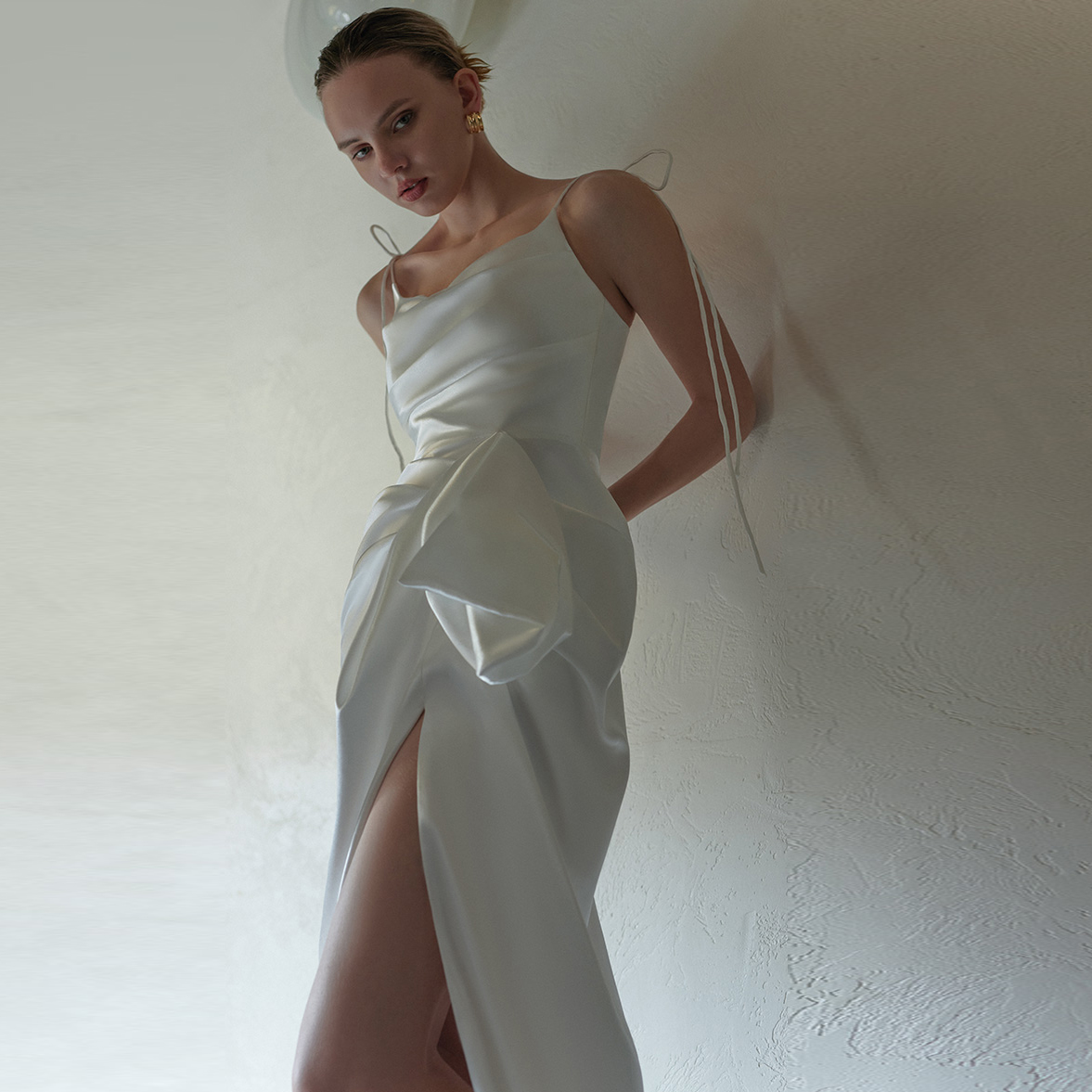 White Silk Satin Halter Bow Elegant Party Evening Dress (5)